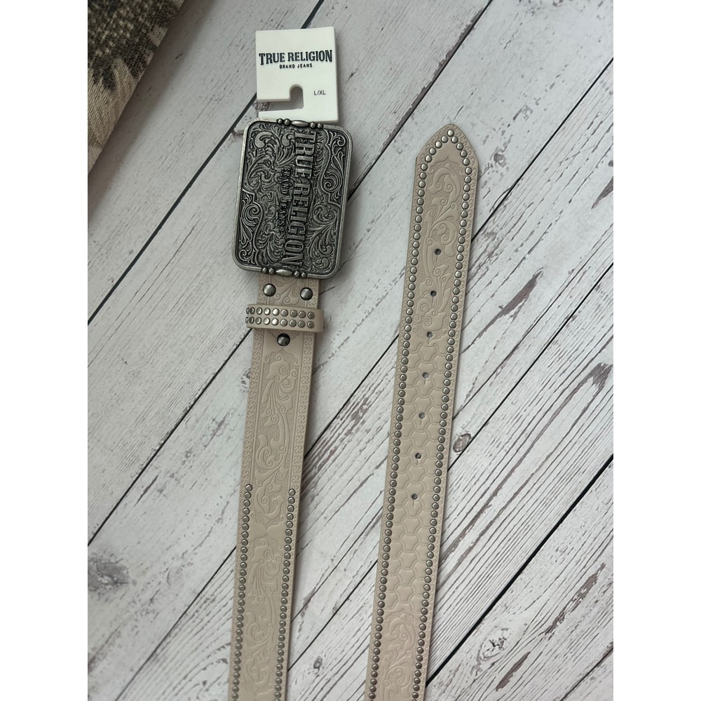 True Religion Womens Embossed Western Studded Belt Cream Silver Buckle L/XL NEW
